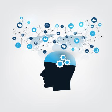 Makine öğrenimi, yapay zeka ve ağlar tasarım konsepti ile simgeler ve insan kafası