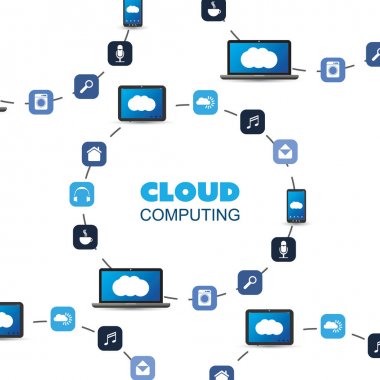 Internet şey, Cloud Computing tasarım konsepti ile bağlı akıllı cihazlar, çeşitli hizmetleri - dijital ağ bağlantıları, teknolojik altyapı gösteren simgeler 