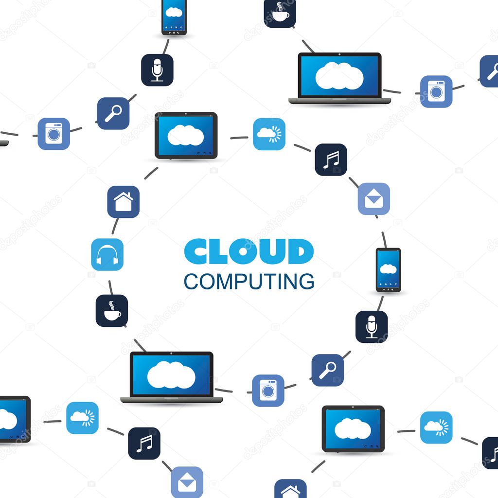Internet of Things, Cloud Computing Design Concept with Connected Smart Devices, Icons Representing Various Services - Digital Network Connections, Technology Background 