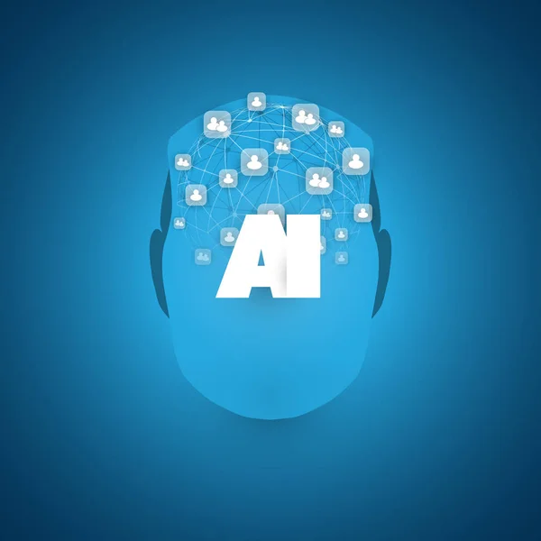 Blue Machine Learning, Intelligenza Artificiale e Concetto di Progettazione di Reti con Testa Robot — Vettoriale Stock