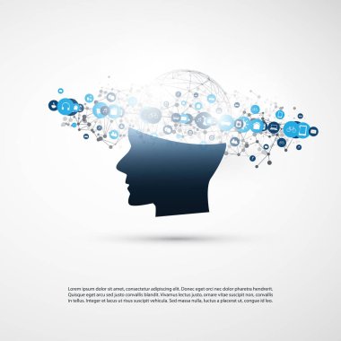 Makine öğrenimi, yapay zeka ve ağlar tasarım konsepti ile simgeler ve insan kafası