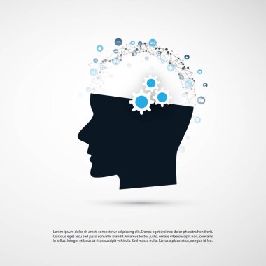 Makine öğrenimi, yapay zeka ve ağlar tasarım konsepti ile simgeler ve insan kafası