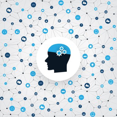 Makine öğrenimi, yapay zeka ve ağlar tasarım konsepti ile simgeler ve insan kafası