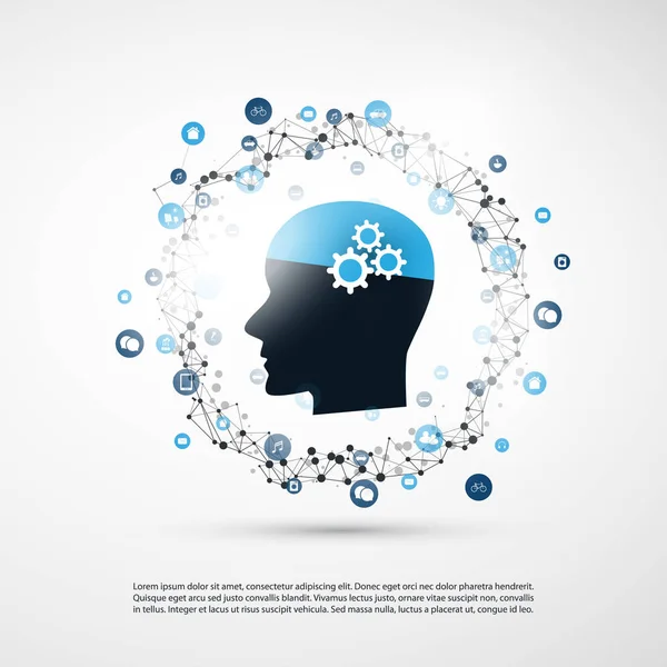 Aprendizaje automático, inteligencia artificial y diseño de redes con iconos y cabeza humana — Vector de stock