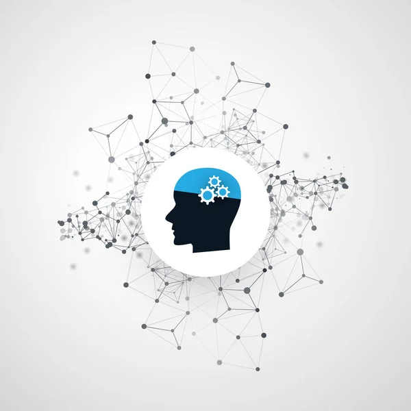 Concept de Machine Learning, Intelligence Artificielle et Réseaux avec Wireframe et Human Head — Image vectorielle
