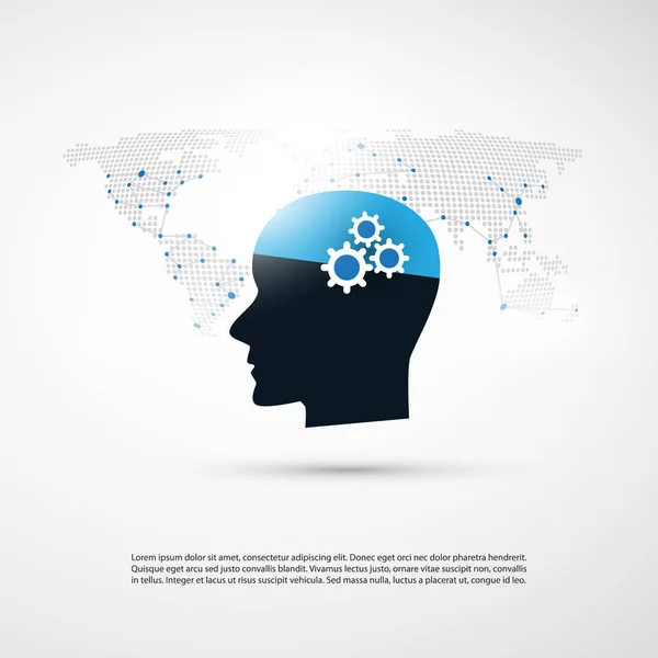 Aprendizaje automático, inteligencia artificial y diseño de redes con mapa mundial y cabeza humana — Vector de stock