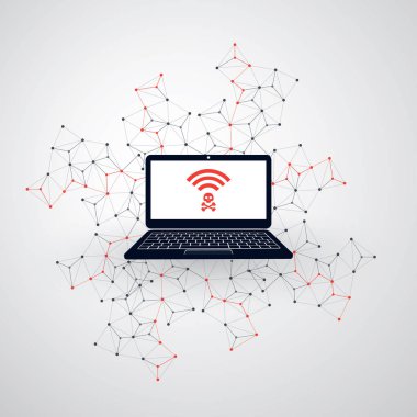 Güvenli olmayan kamu kablosuz Hotspot tasarım - Wifi güvenlik ihlalleri, iş Siber Suçlar kavramı 
