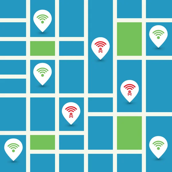 Conception de points d'accès publics sans fil non sécurisés avec carte routière - Infractions à la sécurité Wifi, Concept de cybercriminalité d'affaires — Image vectorielle