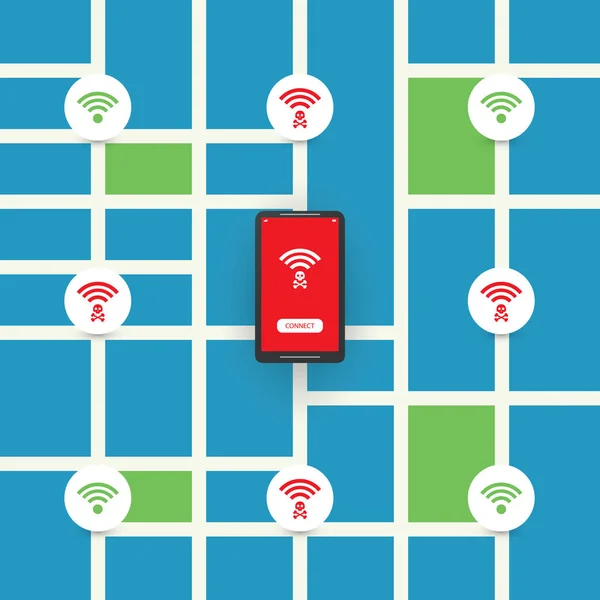 Conception de points d'accès publics sans fil non sécurisés avec carte routière - Infractions à la sécurité Wifi, Concept de cybercriminalité d'affaires — Image vectorielle