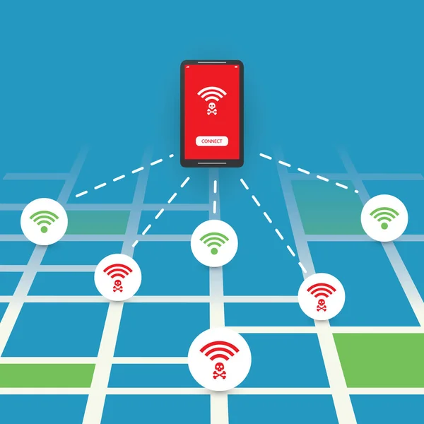 Ακάλυπά δημόσιο Ασύρματο Hotspot σχεδιασμό με οδικός χάρτης - Wifi παραβιάσεις της ασφάλειας, της επιχειρηματικής ιδέας έγκλημα στον κυβερνοχώρο — Διανυσματικό Αρχείο