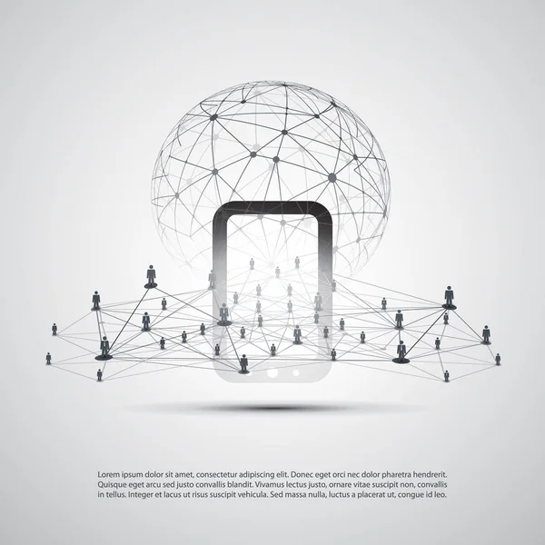 Cloud Computing and Networking Concept, Global Digital Network Connections, Technology Background, Creative Design Template with Transparent Geometric Grey Wireframe Sphere — Stock Vector