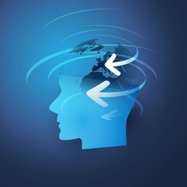Makine öğrenimi, yapay zeka ve ağlar tasarım konsepti ile dünya küre içinde bir insan kafası - vektör tasarımı