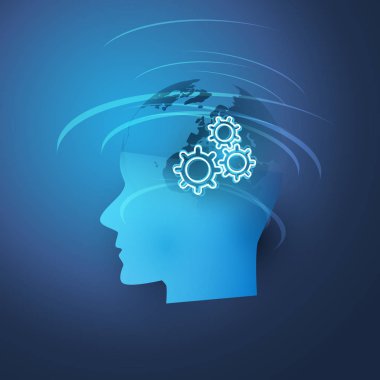 Makine öğrenimi, yapay zeka ve ağlar tasarım konsepti ile dünya Küre, Cogwheels içinde bir insan kafası - vektör tasarımı