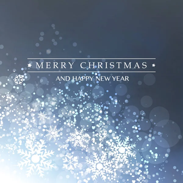 Холодные голубые счастливые праздники, весёлые рождественские открытки с ярлыком, модель снежинки на искрометном размытом фоне — стоковый вектор