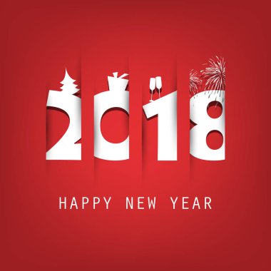  Basit kırmızı ve beyaz yeni yıl kartı, kapak veya arka plan tasarım şablonu ile Noel ağacı, hediye kutusu, içme gözlük ve havai fişek simgeler - 2018