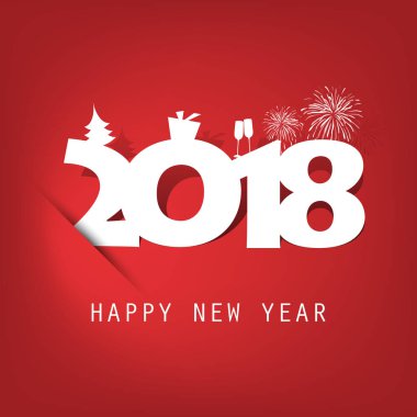  Basit kırmızı ve beyaz yeni yıl kartı, kapak veya arka plan tasarım şablonu ile Noel ağacı, hediye kutusu, içme gözlük ve havai fişek simgeler - 2018