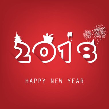 En iyi dilek - basit kırmızı ve beyaz yeni yıl kartı, kapak veya arka plan tasarım şablonu ile Noel ağacı, hediye kutusu, içme gözlük ve havai fişek - 2018