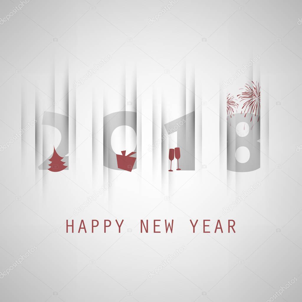  Best Wishes - Simple Grey and Red New Year Card, Cover or Background Design Template With Christmas Tree, Gift Box, Drinking Glasses And Fireworks - 2018