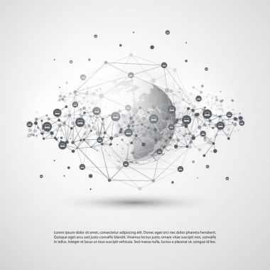 Cloud Computing and Networks Concept with Earth Globe - Global Digital Network Connections, Technology Background, Creative Design Template with Transparent Geometric Grey Wire Mesh clipart