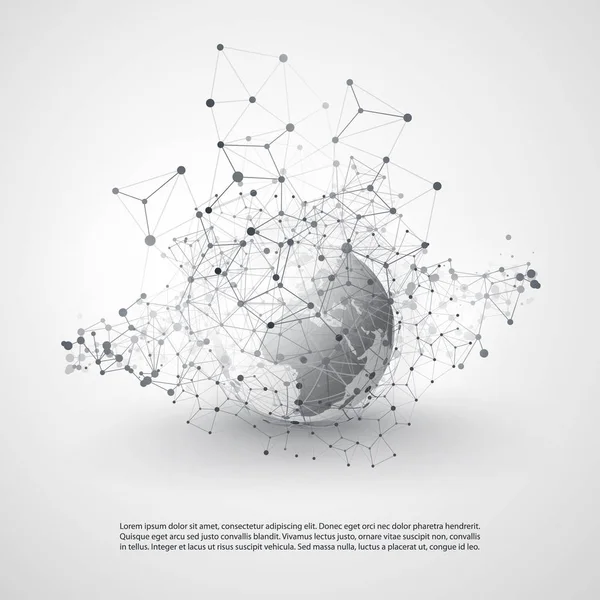 Cloud Computing und Netzwerkkonzept mit Erdkugel - globale digitale Netzwerkverbindungen, technologischer Hintergrund, kreative Designvorlage mit transparentem geometrischen grauen Drahtgeflecht — Stockvektor