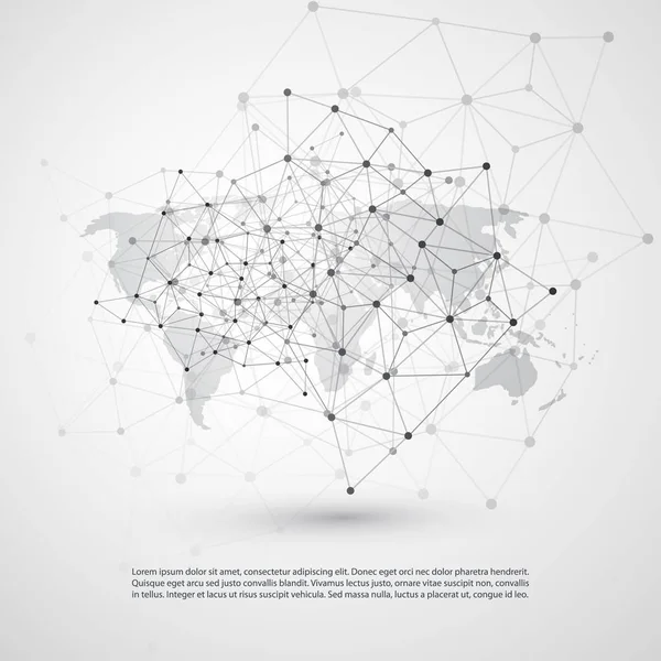 Schwarz-Weiß modernes minimalistisches Cloud Computing, Netzwerkstruktur, Konzeption von Telekommunikationskonzepten, globale Verbindungen mit Weltkarte, transparenter geometrischer Drahtaufbau — Stockvektor