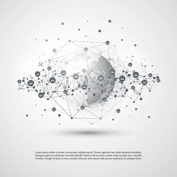Concetto di cloud computing e reti con globo terrestre: connessioni di rete digitali globali, background tecnologico, modello di progettazione creativa con rete metallica geometrica grigia trasparente — Vettoriale Stock