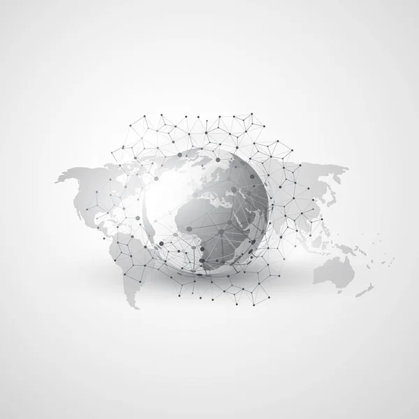 Concept Cloud Computing et réseaux avec carte du monde Connexions de réseau numérique mondial, arrière-plan technologique, modèle de conception créative avec treillis métallique gris géométrique transparent — Image vectorielle