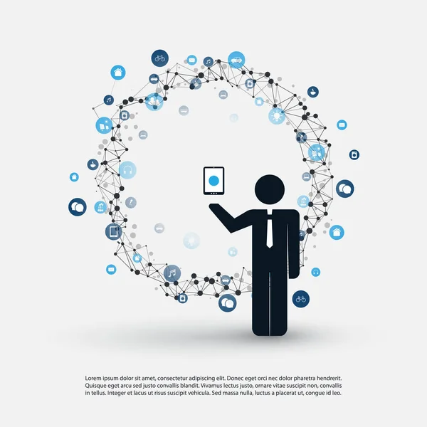 Molntjänster och Sakernas Internet Design koncept med en stående Business Man håller en mobil, ikoner runt - Digital nätverksanslutningar, teknik bakgrund — Stock vektor