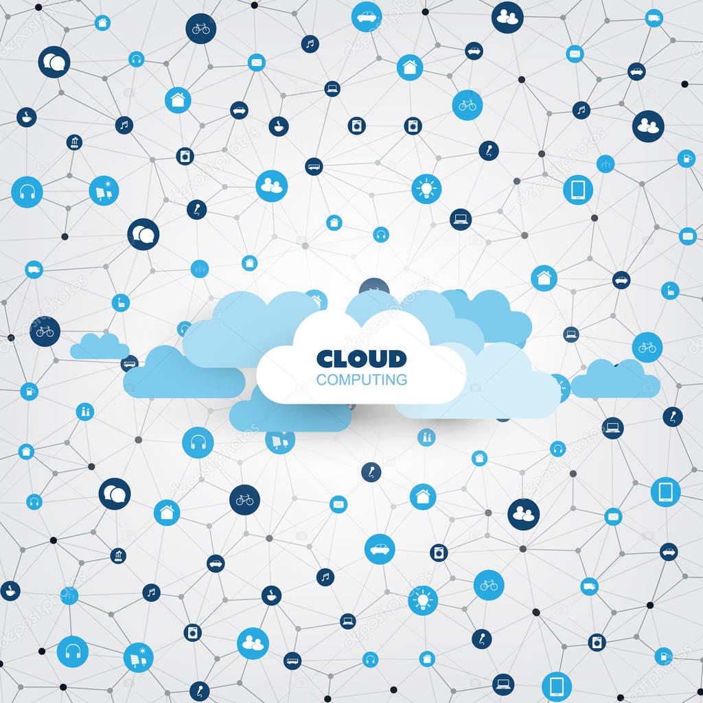 Cloud Computing Design Concept with Connected Icons Representing Various Smart Devices and Services - Digital Network Connections, Technology Background