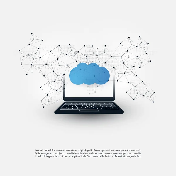 Cloud Computing koncepcja model szkieletowy i laptopa - cyfrowa sieć połączeń, technologia tło — Wektor stockowy