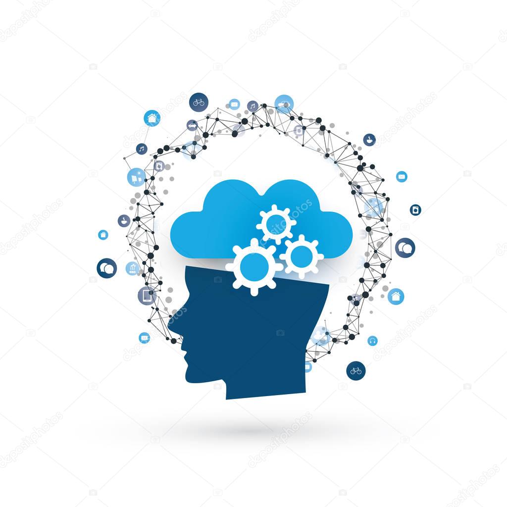 Machine Learning, Artificial Intelligence, Cloud Computing and Networks Design Concept with Icons and Human Head