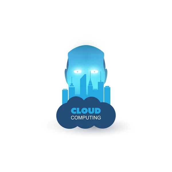 Blue Modern Style Machine Learning, intelligence artificielle assisté Smart City Contol Center et IoT Networks Design Concept avec nuage, paysage urbain et tête de robot — Image vectorielle