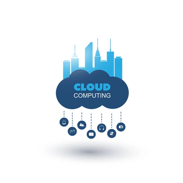 Cloud Computing, Smart City Design Concept avec des icônes représentant divers types de types de médias et de services - Connexions de réseaux numériques, Contexte technologique — Image vectorielle