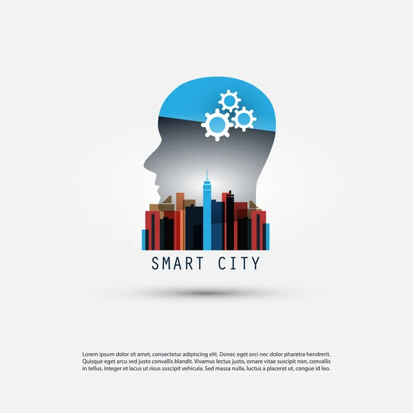 Makine öğrenimi, yapay zeka akıllı şehir, ev otomasyon tasarım konsepti Cityscape ve insan kafası ile kontrol — Stok Vektör