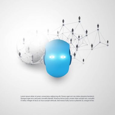 Modern tarzı AI destekli iş ağları konsept tasarım küresel dijital ağ bağlantıları, dünya Küre ve Robot baş