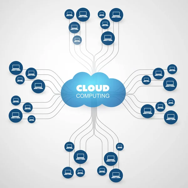 Concetto di progettazione del cloud computing con mesh di rete, data center e computer client connessi - connessioni di rete digitali, background tecnologico — Vettoriale Stock