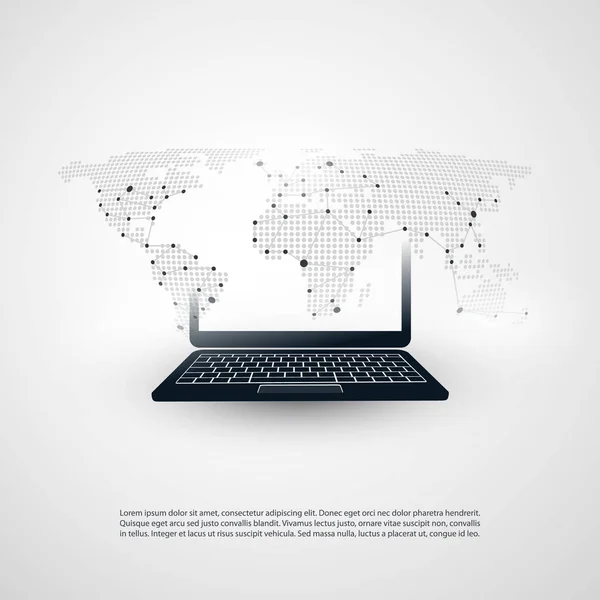 Abstract Cloud Computing, Global Networks Concept Design com Laptop, Dispositivo Móvel Sem Fio e Mapa Mundial Avistado Transparente —  Vetores de Stock