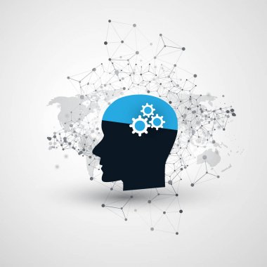 Fütüristik Modern tarz makine öğrenme, yapay zeka ve küresel dijital ağ iletişim tasarım konsepti ile tel örgü, Dünya Haritası ve insan kafası