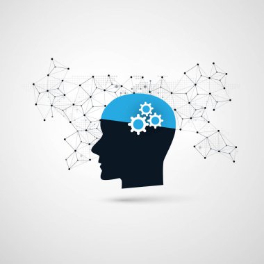 Makine öğrenimi, yapay zeka, bulut bilgisayar ve tasarım konsepti tel kafes ve insan kafası ile iletişim