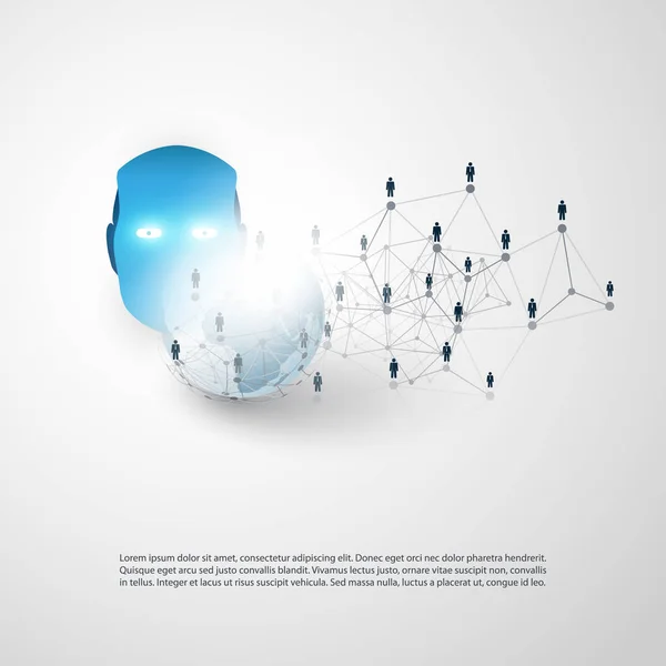 Diseño de concepto de redes empresariales asistidas por IA de estilo moderno con conexiones de red digital global, globo terráqueo y cabeza de robot — Vector de stock