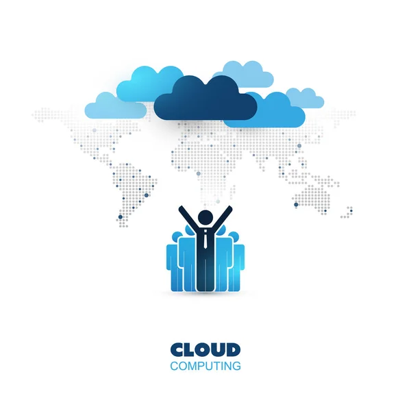 Cloud Computing projekt koncepcyjny stojący biznesmenów i mapa świata - cyfrowa sieć połączeń, technologia tło — Wektor stockowy