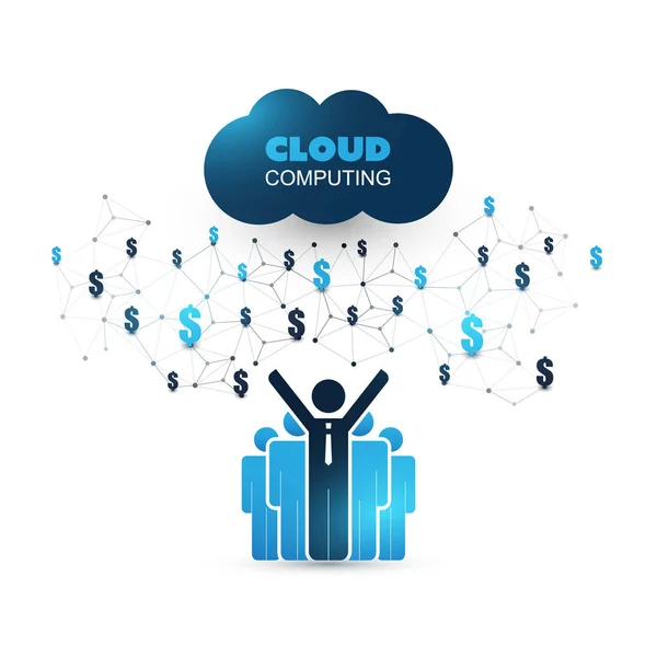 Blue Cloud Computing projekt koncepcyjny stojący biznesmenów i ikony - cyfrowa sieć połączeń, technologia tło — Wektor stockowy