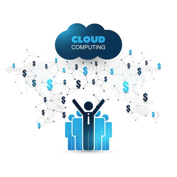 Blue Cloud Computing Designkoncept Med Stående Affärsmän Ikoner Och Världskarta — Stock vektor