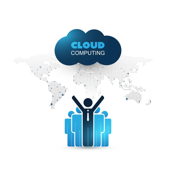 Cloud Computing Design Concept met staande zakenlieden en wereldkaart - digitale netwerkverbindingen, technische achtergrond — Stockvector