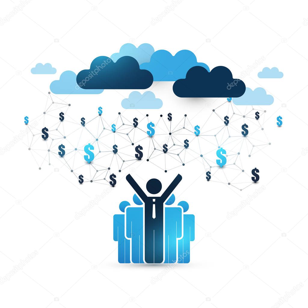 Cloud Computing Design Concept with Standing Businessmen and Icons - Digital Network Connections, Technology Background