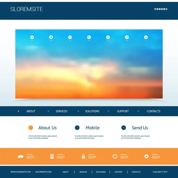 Plantilla de diseño del sitio web para su negocio con Sunset Sky Fondo de imagen - Atardecer, Nubes, Sol, Luz del sol — Vector de stock