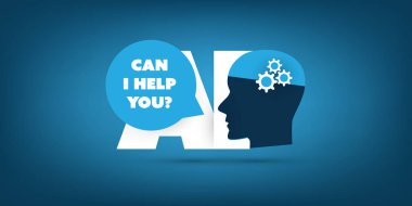 Yardımcı olabilir miyim? -Küresel Ai yardım, destek, dijital cihazı, otomatik insan kafası ile derin öğrenme ve gelecekteki teknoloji konsept tasarımı 