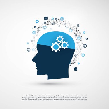 Makine öğrenimi, yapay zeka, bulut bilgisayar ve tasarım konsepti Mesh ve insan kafası ile iletişim