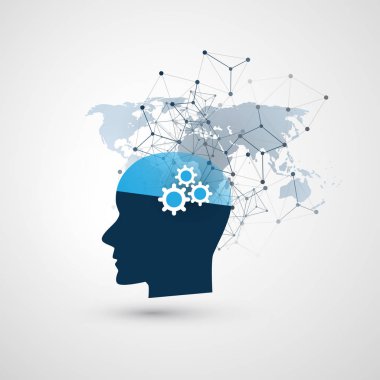 Makine öğrenimi, yapay zeka, bulut bilgisayar ve tasarım konsepti Mesh ve insan kafası ile iletişim