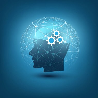 Makine yapay zeka, öğrenme, bulut bilgi işlem, otomatik tel kafes küre ve insan kafası ile destek yardım ve ağlar tasarım konsepti